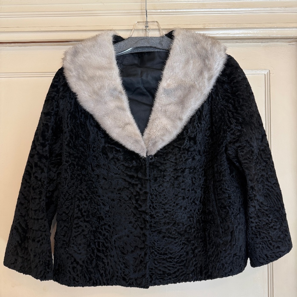 Vintage 40's-50's Cropped Jacket-Black Persian Lamb w/ Fur Collar-Black lining.